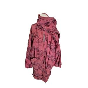 VTG 90s Y2k Elephant Print Long Coat Cotton Canvas Over Coat w/ Scarf Red Sz M-L